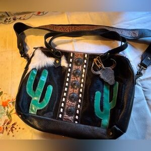 MYRA Hair on hide Black and Green Cactus Design Women's Bag